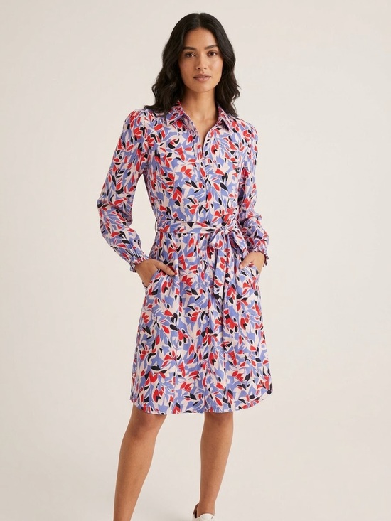Well Worn Dresses & Skirts - Well Worn Red Blue White Long-Sleeve Tie-Waist Shirt Dress Buttons pockets Small
